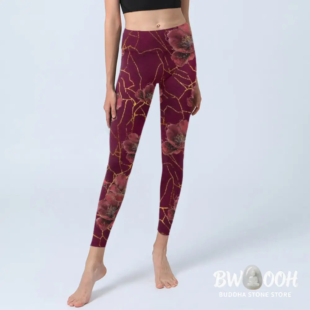 BWOOOH printed yoga leggings - Red Petals Golden Lines Pattern Print Gy