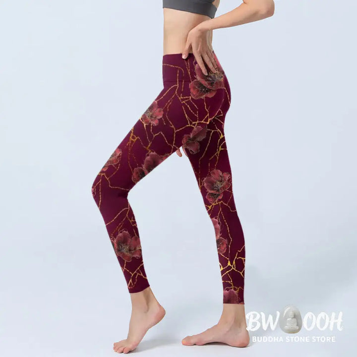 BWOOOH printed yoga leggings - Red Petals Golden Lines Pattern Print Gy