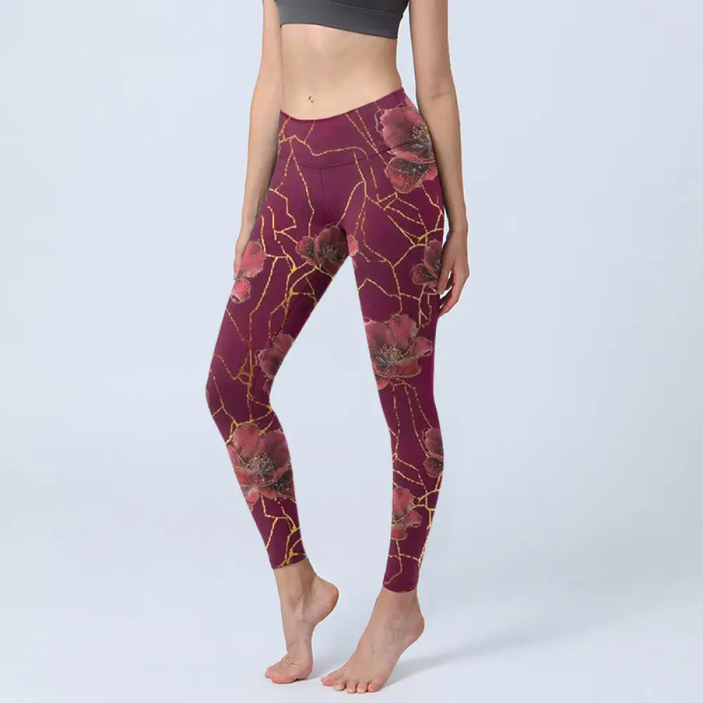 BWOOOH printed yoga leggings - Red Petals Golden Lines Pattern Print Gy