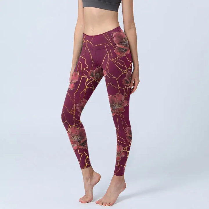 BWOOOH printed yoga leggings - Red Petals Golden Lines Pattern Print Gy