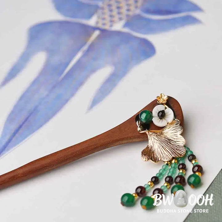 Buddha Stones Red Sandalwood Green Agate Ginkgo Leaf Protection Hairpin - Red Sandalwood (Protection ♥ Calm) - Hairpin
