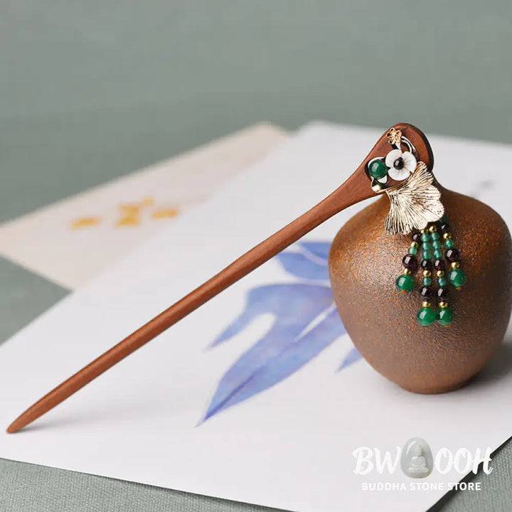 Buddha Stones Red Sandalwood Green Agate Ginkgo Leaf Protection Hairpin - Red Sandalwood (Protection ♥ Calm) - Hairpin