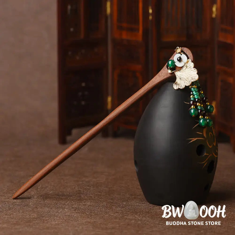 Buddha Stones Red Sandalwood Green Agate Ginkgo Leaf Protection Hairpin - Red Sandalwood (Protection ♥ Calm) - Hairpin
