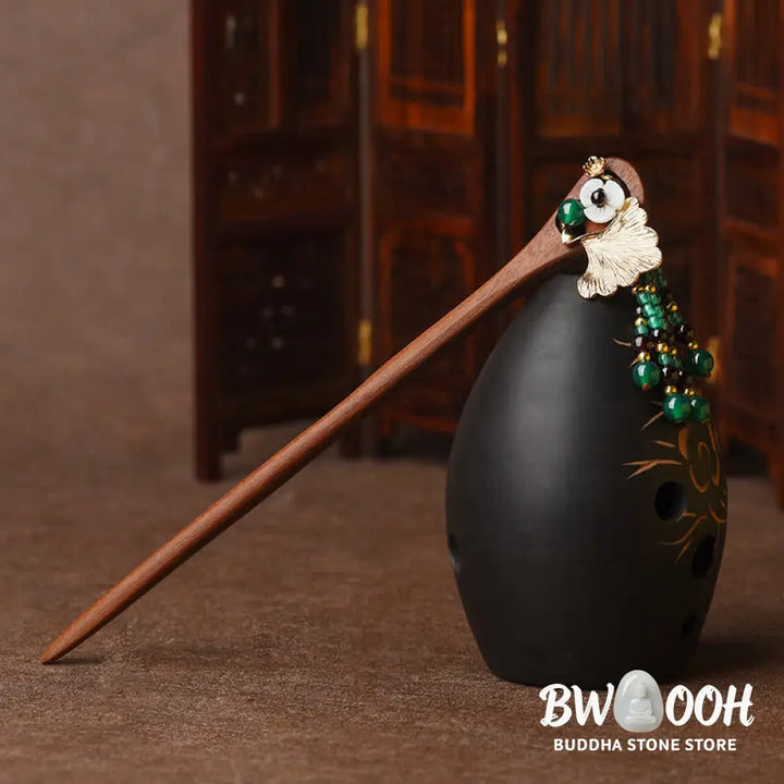 Buddha Stones Red Sandalwood Green Agate Ginkgo Leaf Protection Hairpin - Red Sandalwood (Protection ♥ Calm) - Hairpin