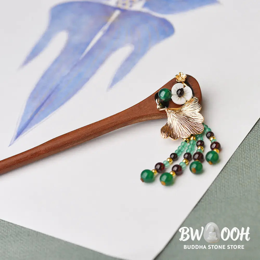 Buddha Stones Red Sandalwood Green Agate Ginkgo Leaf Protection Hairpin - Red Sandalwood (Protection ♥ Calm) - Hairpin