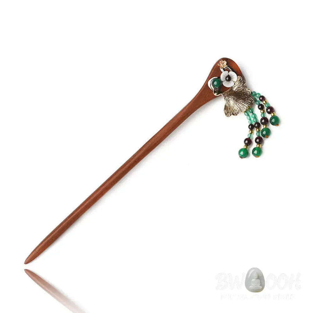 Buddha Stones Red Sandalwood Green Agate Ginkgo Leaf Protection Hairpin - Red Sandalwood (Protection ♥ Calm) - Hairpin