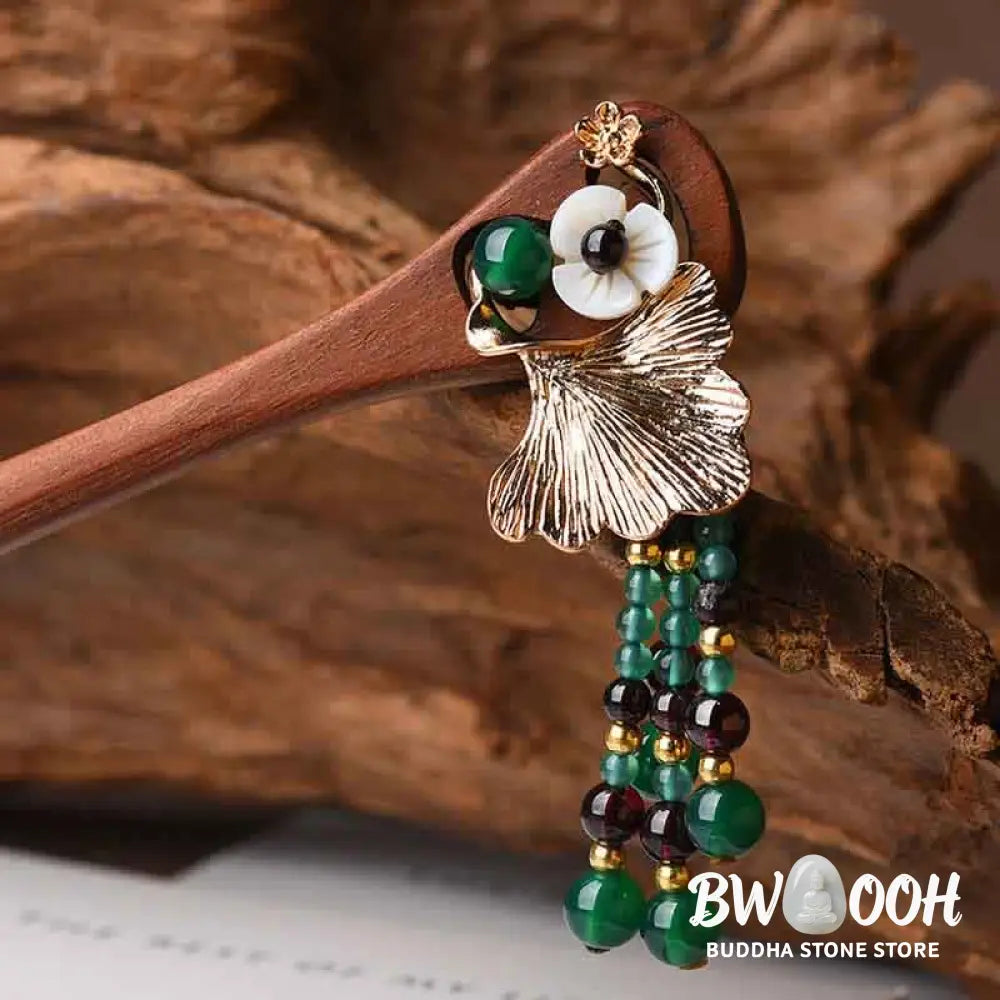 Buddha Stones Red Sandalwood Green Agate Ginkgo Leaf Protection Hairpin - Red Sandalwood (Protection ♥ Calm) - Hairpin