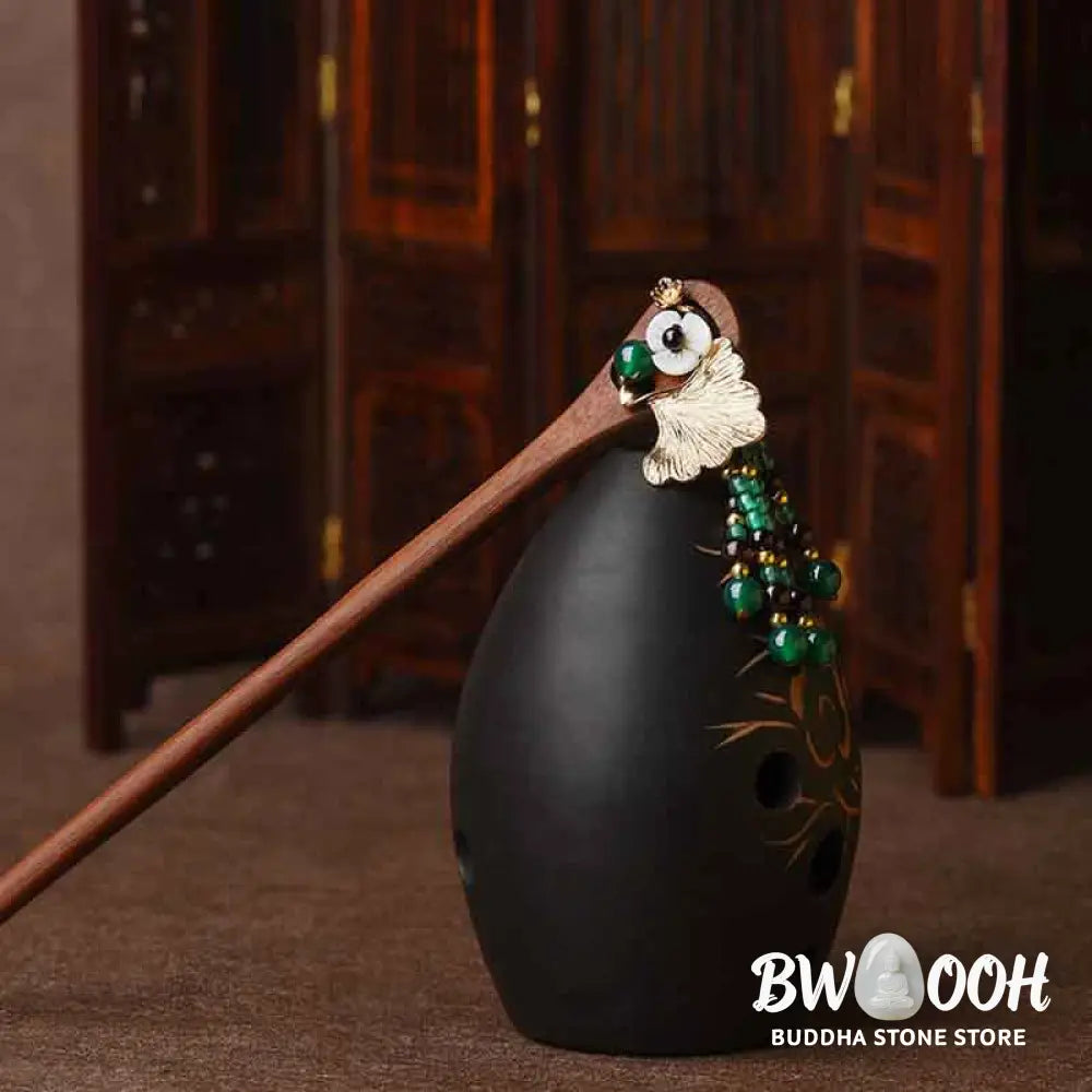 Buddha Stones Red Sandalwood Green Agate Ginkgo Leaf Protection Hairpin - Red Sandalwood (Protection ♥ Calm) - Hairpin