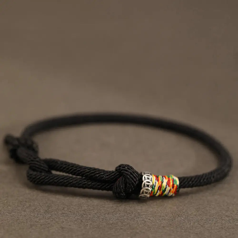 Buddha Stones Red String 925 Sterling Silver 999 Sterling Silver Coin Luck Bracelet - BWOOOH - Black String / 925