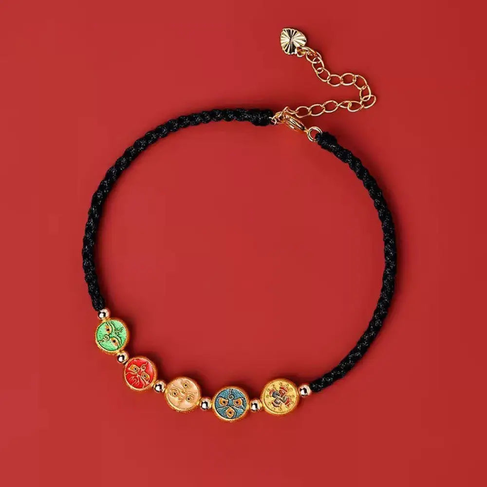 Buddha Stones Red String 925 Sterling Silver Five Ways God Of Wealth Connection Bracelet - BWOOOH - Black String(Wrist