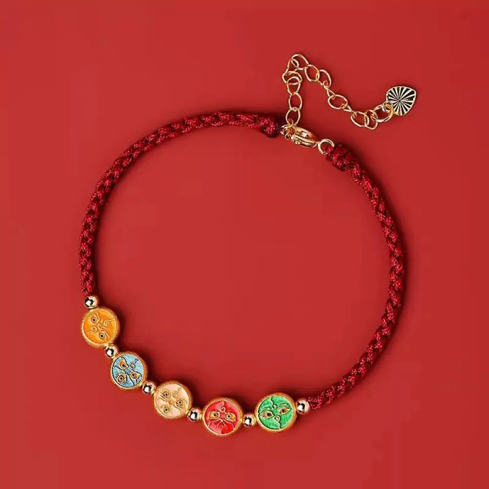 Buddha Stones Red String 925 Sterling Silver Five Ways God Of Wealth Connection Bracelet - BWOOOH - Dark Red