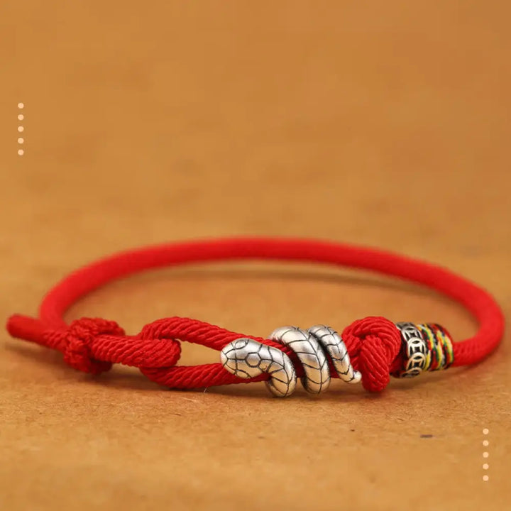 Buddha Stones Red String 925 Sterling Silver Year of the Snake Coin Ring Snake Luck Bracelet - BWOOOH - Red / 14-17cm