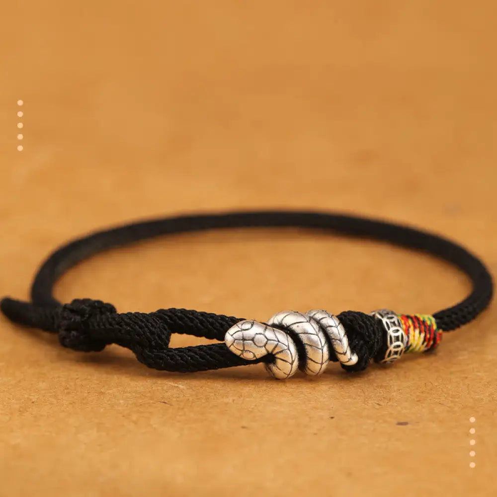 Buddha Stones Red String 925 Sterling Silver Year of the Snake Coin Ring Snake Luck Bracelet - BWOOOH - Black / 14-17cm