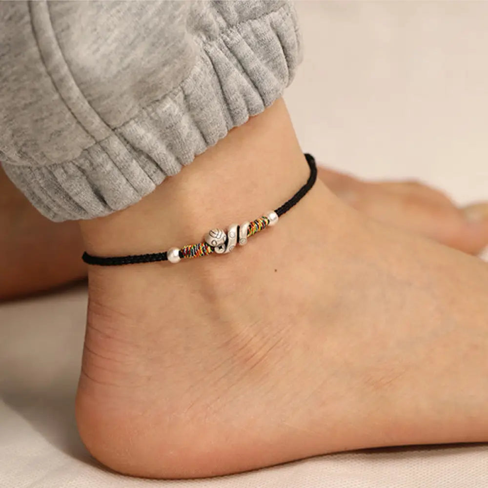 Buddha Stones Red String 999 Sterling Silver Year Of The Snake Anklet - Black String - Anklet