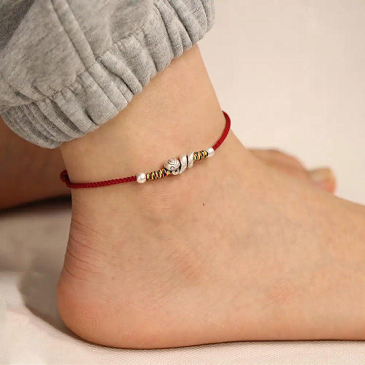 Buddha Stones Red String 999 Sterling Silver Year Of The Snake Anklet - Dark Red String - Anklet