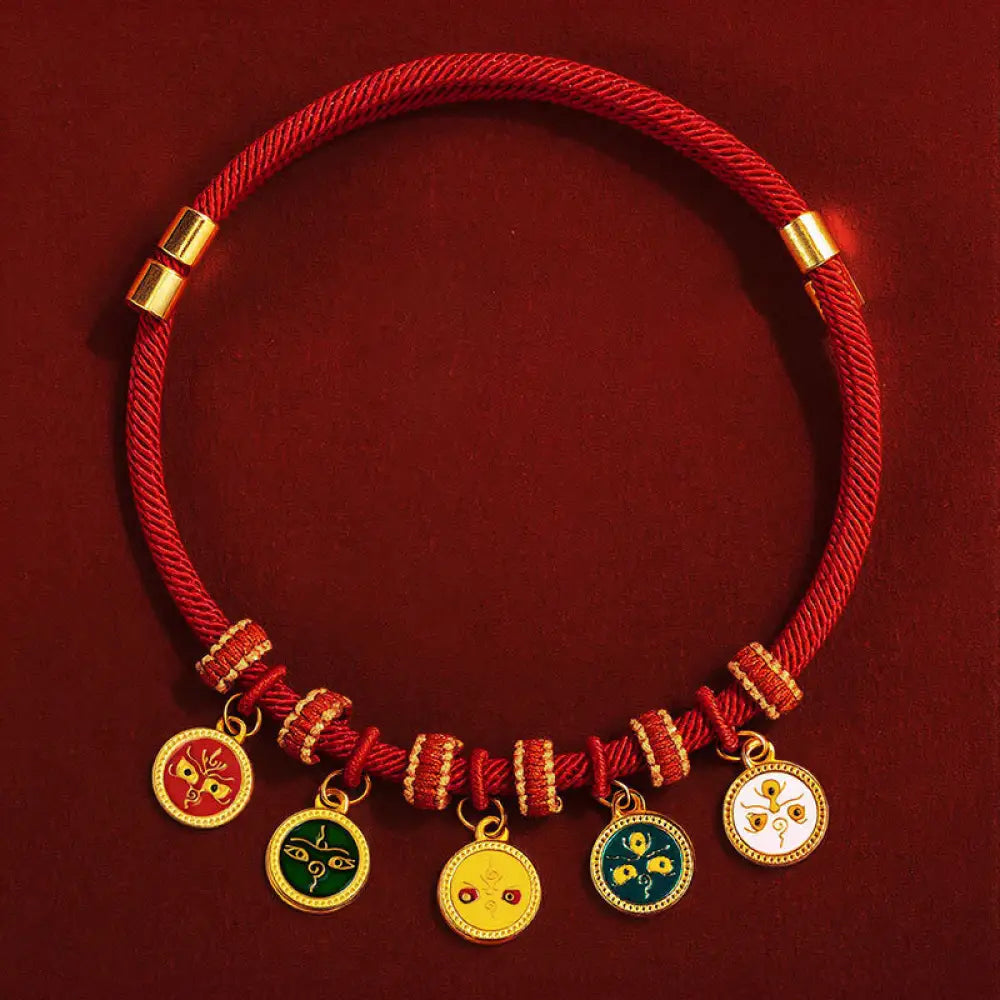 Buddha Stones Red String Bead Compass Gourd Protection Adjustable Cats Dogs Pet Collar - Five Directions Gods of Wealth