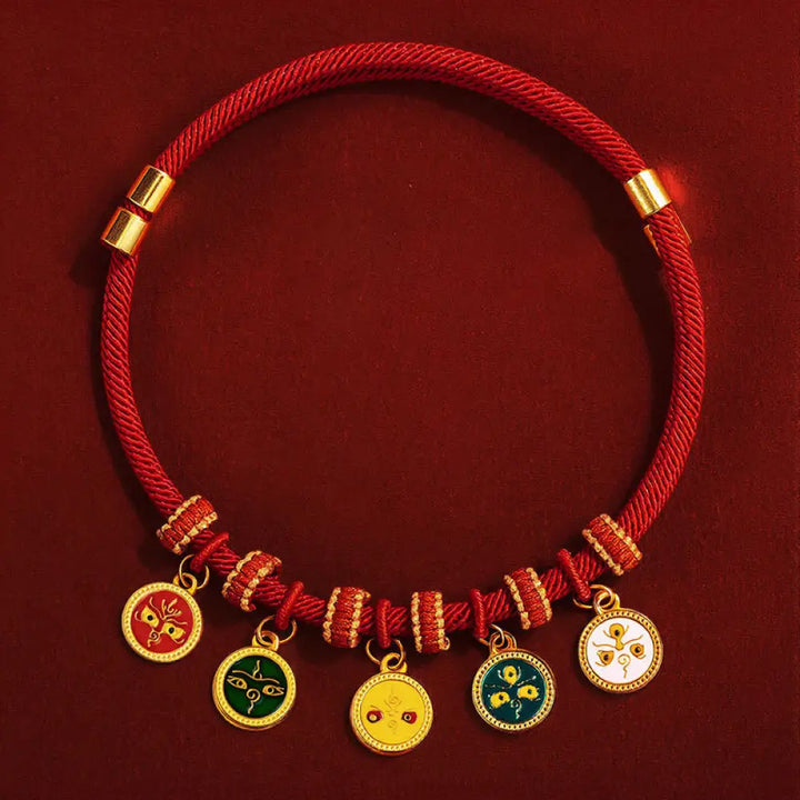 Buddha Stones Red String Bead Compass Gourd Protection Adjustable Cats Dogs Pet Collar - Five Directions Gods of Wealth