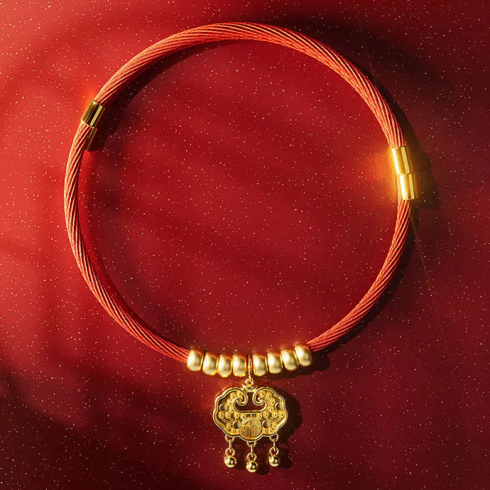 Buddha Stones Red String Bead Fu Character Luck Adjustable Cats Dogs Pet Collar - Golden Bead Lock / 16-30cm - Pet