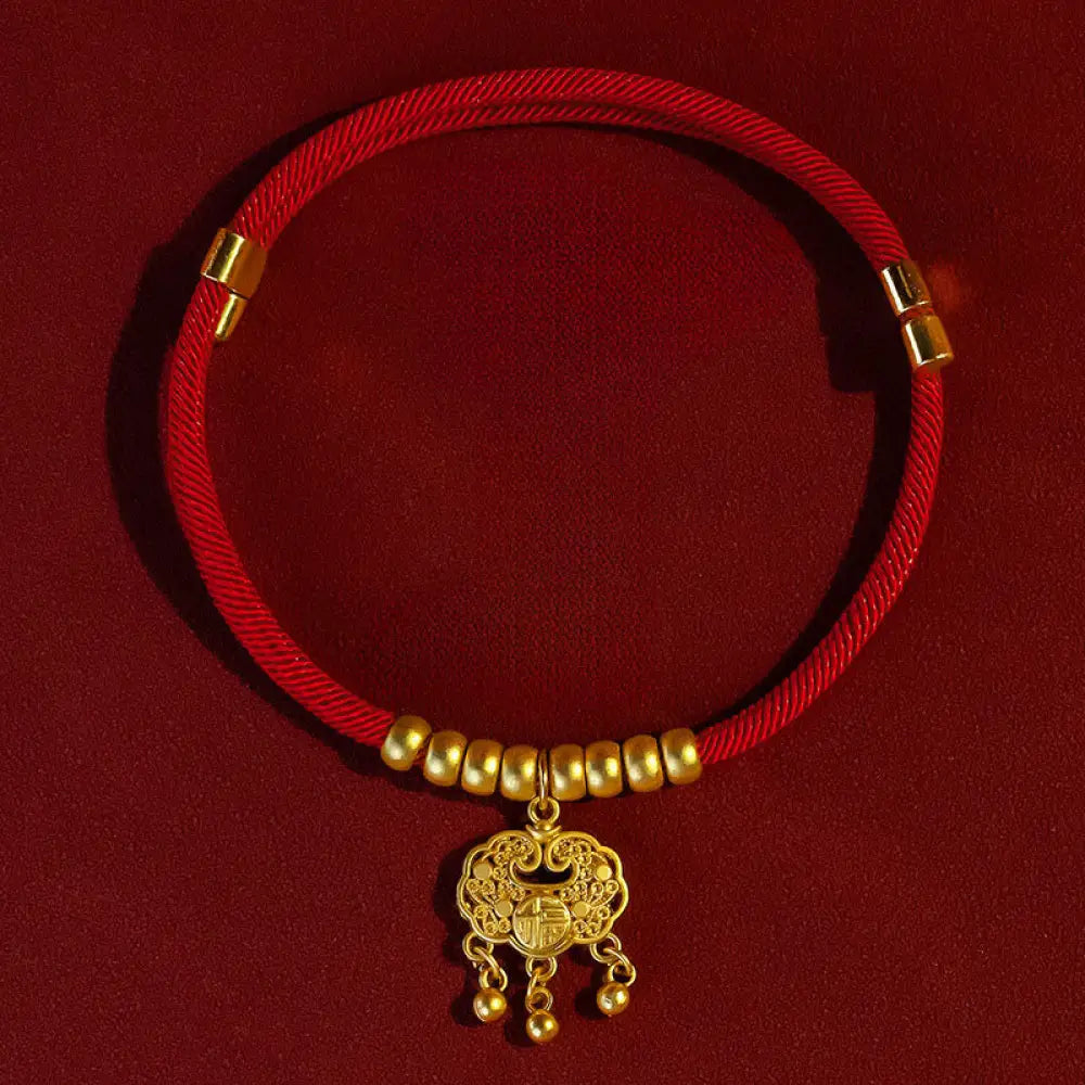 Buddha Stones Red String Bead Protection Adjustable Cats Small Dogs Pet Collar - Longevity Lock Pendant / 16-30cm - Pet