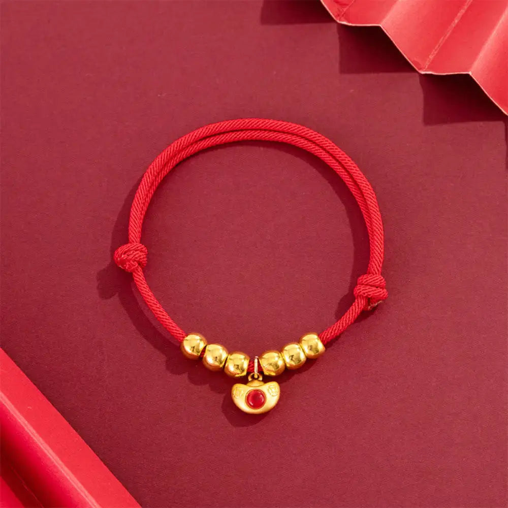 Buddha Stones Red String Bead Yuanbao Fu Character Protection Adjustable Cats Dogs Pet Collar - Yuanbao / 14-23cm - Pet