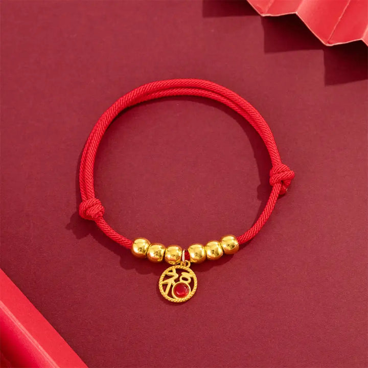 Buddha Stones Red String Bead Yuanbao Fu Character Protection Adjustable Cats Dogs Pet Collar - Fu Character / 14-23cm