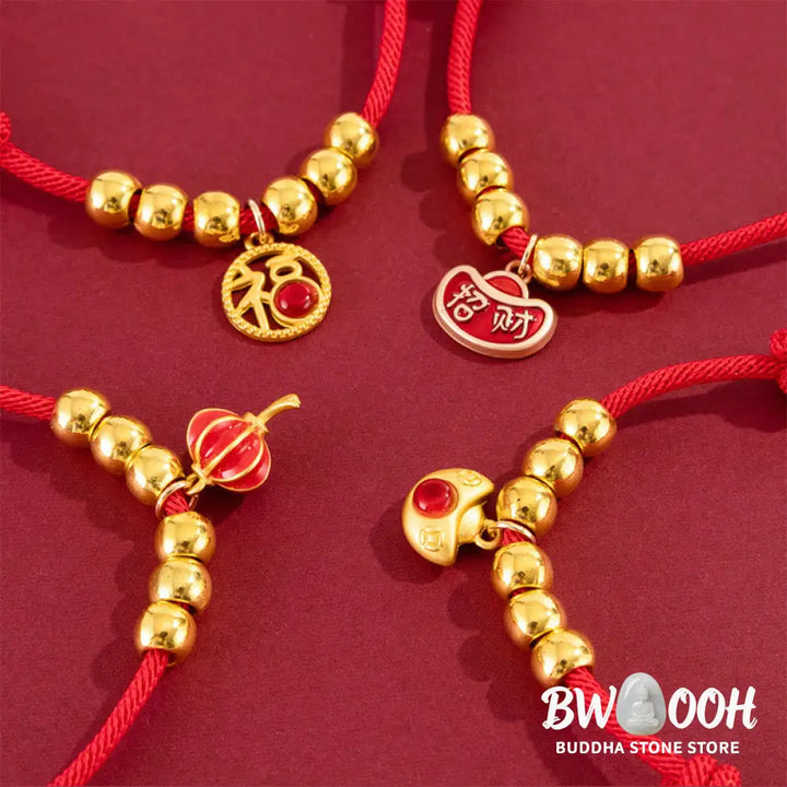 Buddha Stones Red String Bead Yuanbao Fu Character Protection Adjustable Cats Dogs Pet Collar - Pet Collar