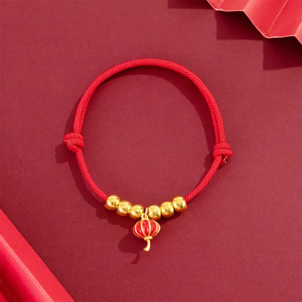 Buddha Stones Red String Bead Yuanbao Fu Character Protection Adjustable Cats Dogs Pet Collar - Lantern Pattern