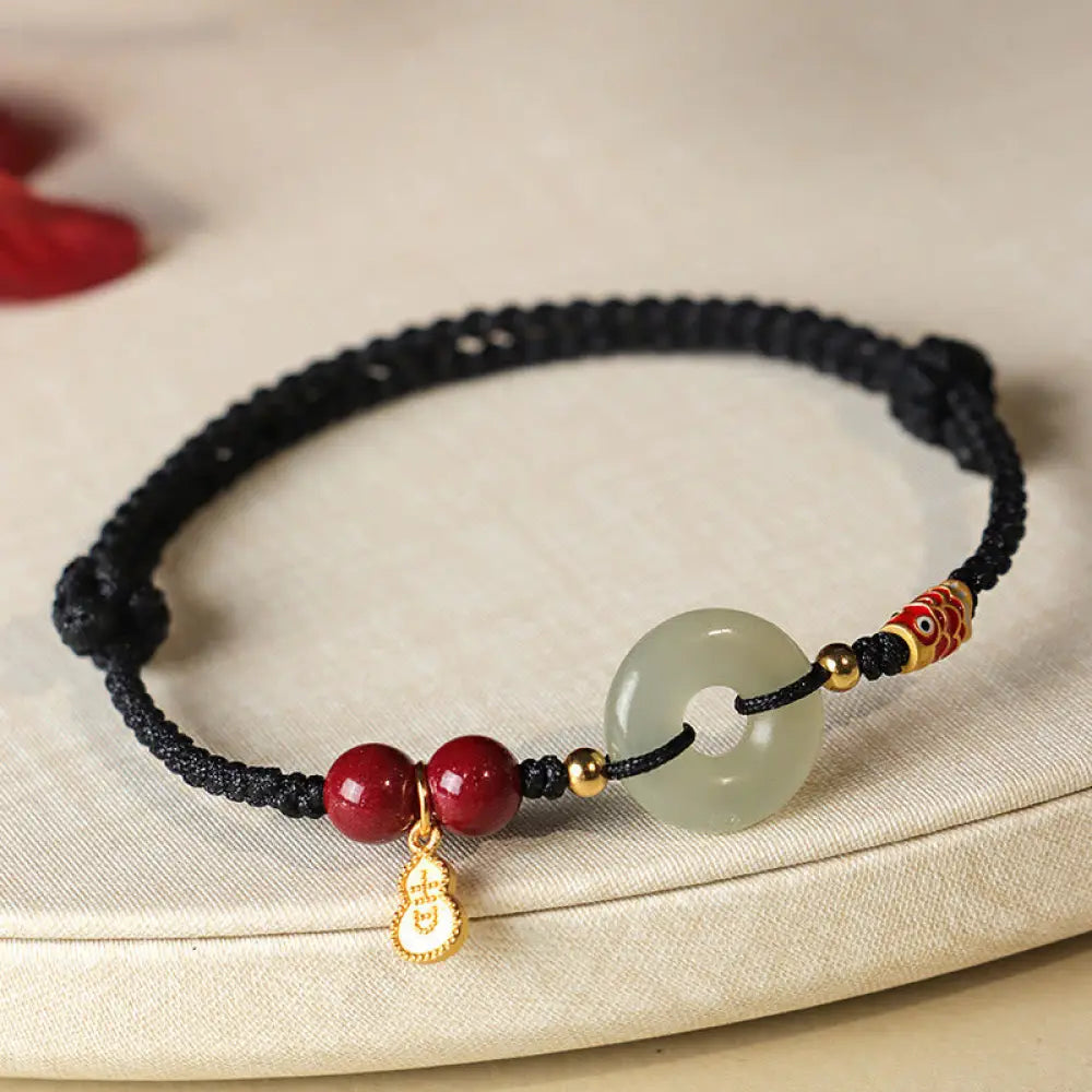 Buddha Stones Red String Black String Hetian Jade Peace Buckle Cinnabar 925 Silver Protection Bracelet - BWOOOH - Black