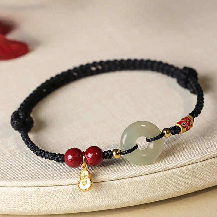 Buddha Stones Red String Black String Hetian Jade Peace Buckle Cinnabar 925 Silver Protection Bracelet - BWOOOH - Black