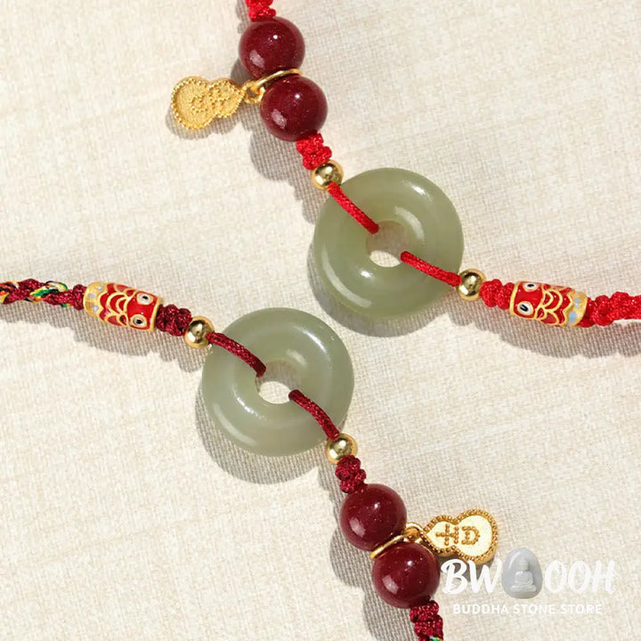 Buddha Stones Red String Black String Hetian Jade Peace Buckle Cinnabar 925 Silver Protection Bracelet - BWOOOH