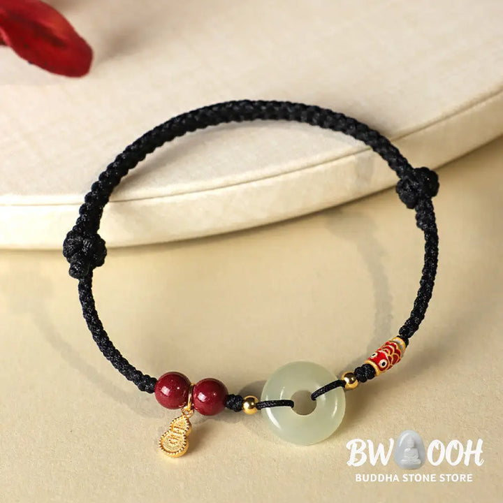 Buddha Stones Red String Black String Hetian Jade Peace Buckle Cinnabar 925 Silver Protection Bracelet - BWOOOH