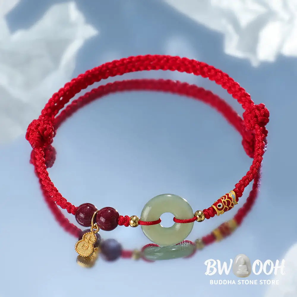 Buddha Stones Red String Black String Hetian Jade Peace Buckle Cinnabar 925 Silver Protection Bracelet - BWOOOH