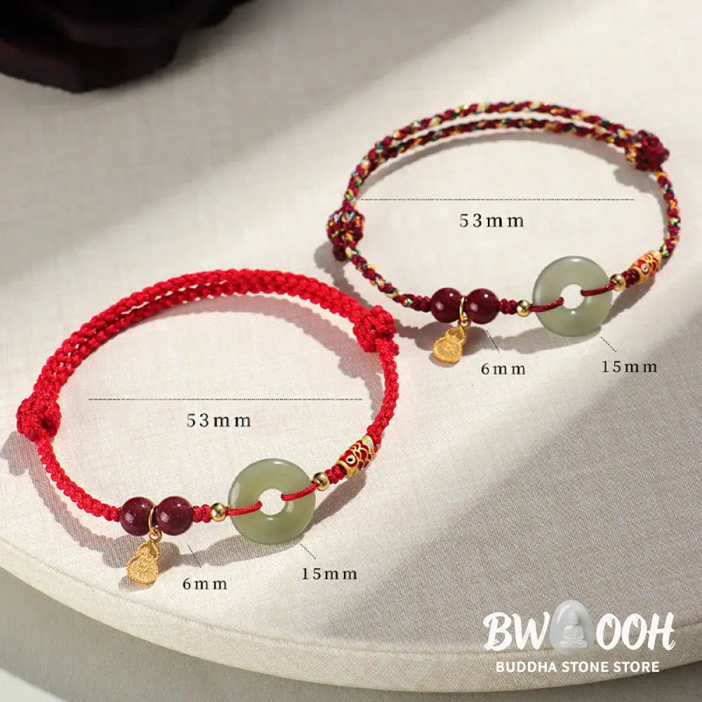 Buddha Stones Red String Black String Hetian Jade Peace Buckle Cinnabar 925 Silver Protection Bracelet - BWOOOH