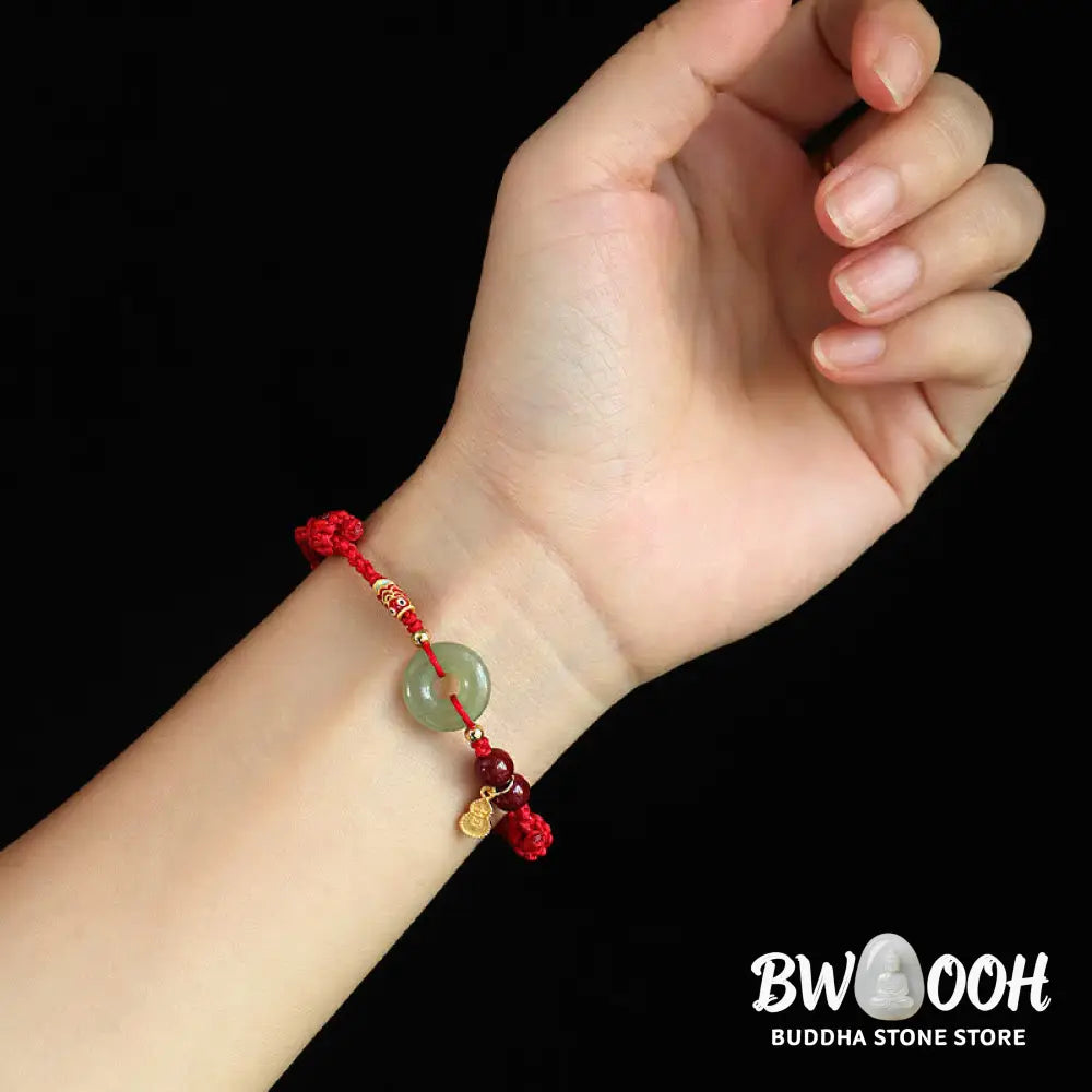 Buddha Stones Red String Black String Hetian Jade Peace Buckle Cinnabar 925 Silver Protection Bracelet - BWOOOH