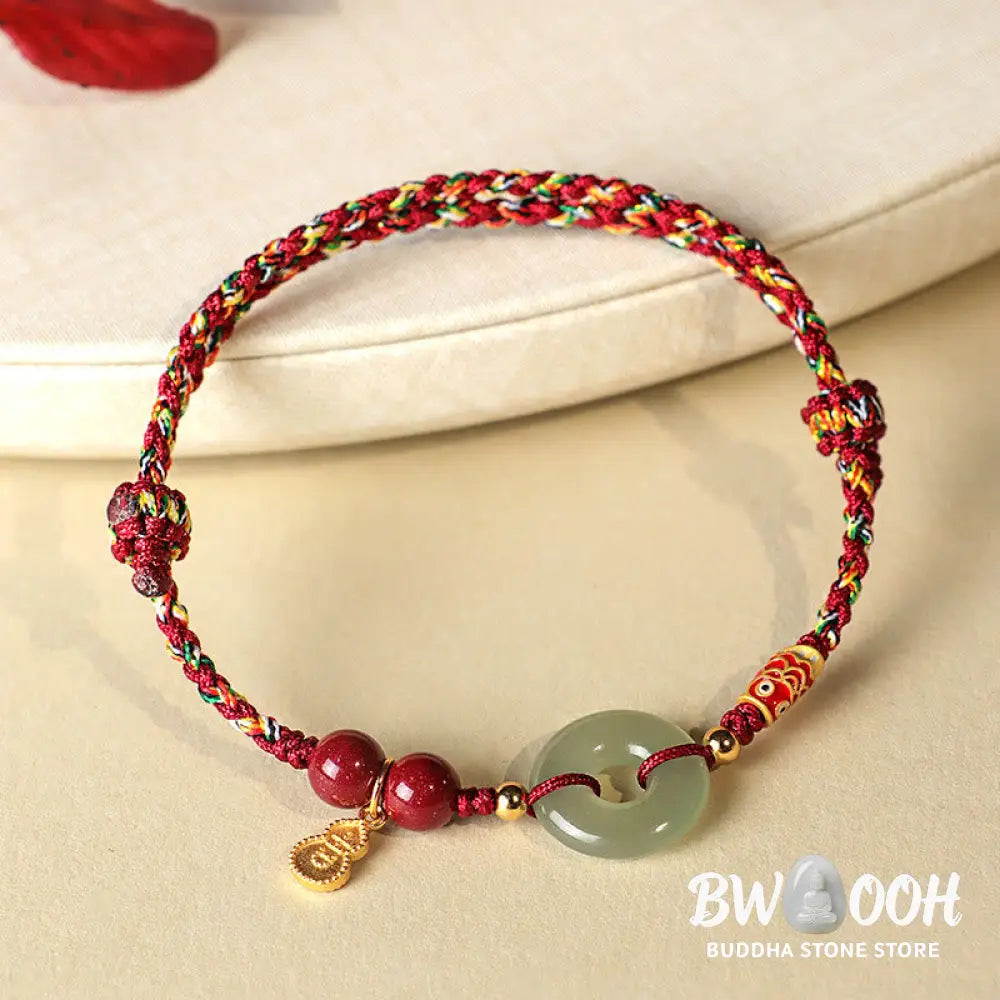 Buddha Stones Red String Black String Hetian Jade Peace Buckle Cinnabar 925 Silver Protection Bracelet - BWOOOH