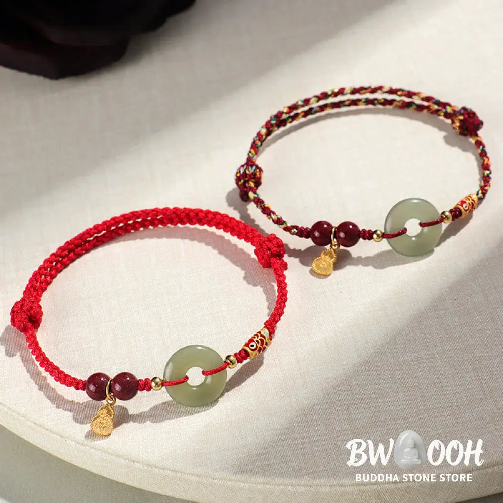 Buddha Stones Red String Black String Hetian Jade Peace Buckle Cinnabar 925 Silver Protection Bracelet - BWOOOH