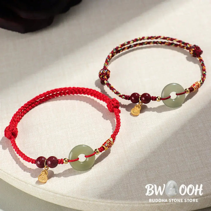 Buddha Stones Red String Black String Hetian Jade Peace Buckle Cinnabar 925 Silver Protection Bracelet - BWOOOH
