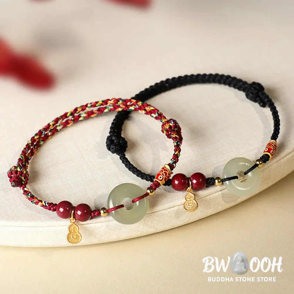 Buddha Stones Red String Black String Hetian Jade Peace Buckle Cinnabar 925 Silver Protection Bracelet - BWOOOH