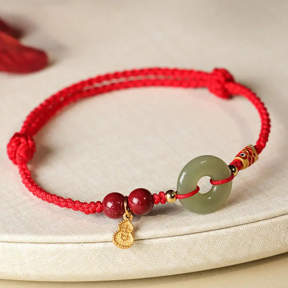 BWOOOH Red String Black String Hetian Jade Peace Buckle Cinnabar 925 Silver Protection Bracelet - BWOOOH - Red