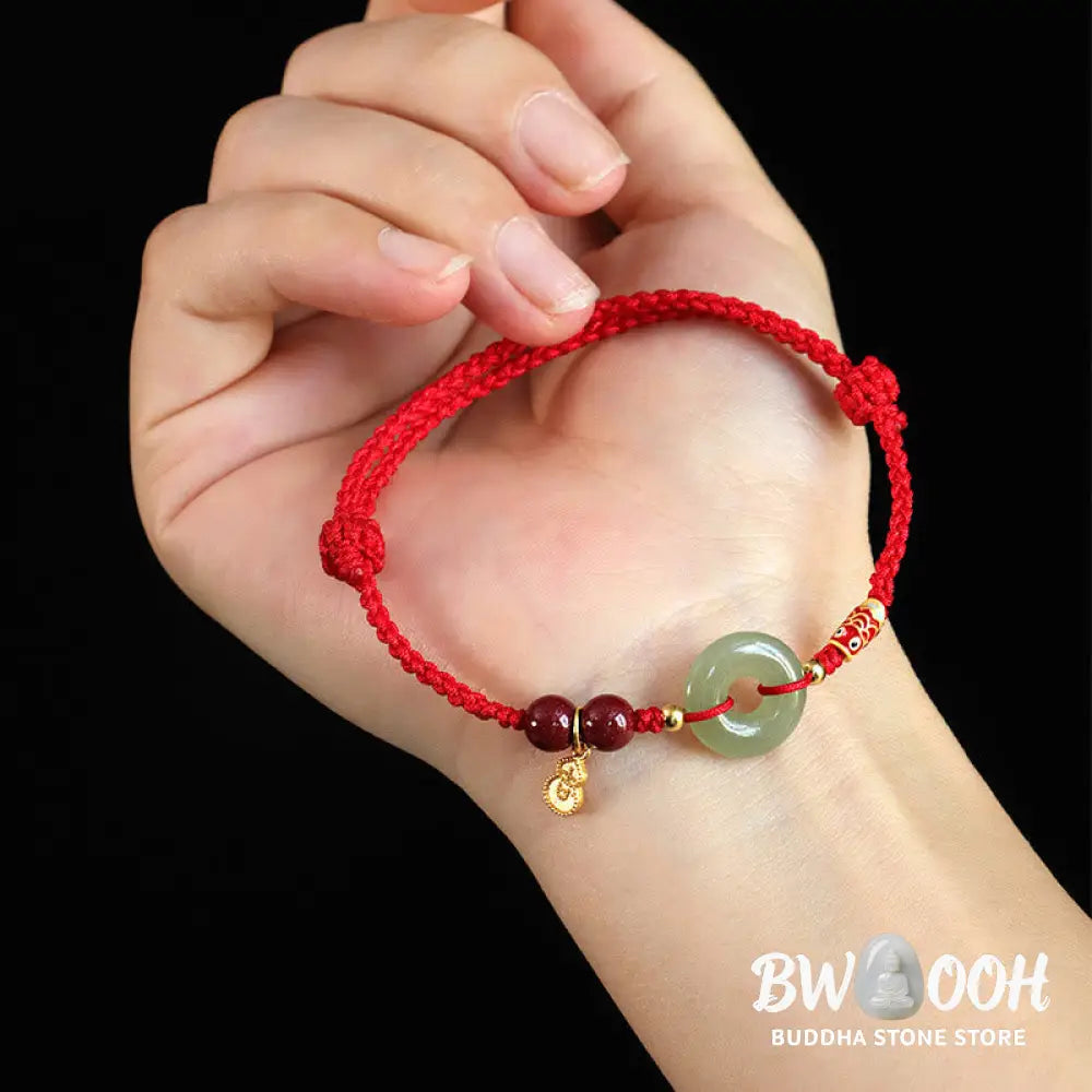 Buddha Stones Red String Black String Hetian Jade Peace Buckle Cinnabar 925 Silver Protection Bracelet - BWOOOH