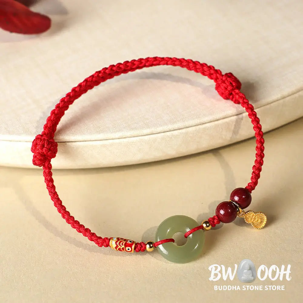Buddha Stones Red String Black String Hetian Jade Peace Buckle Cinnabar 925 Silver Protection Bracelet - BWOOOH