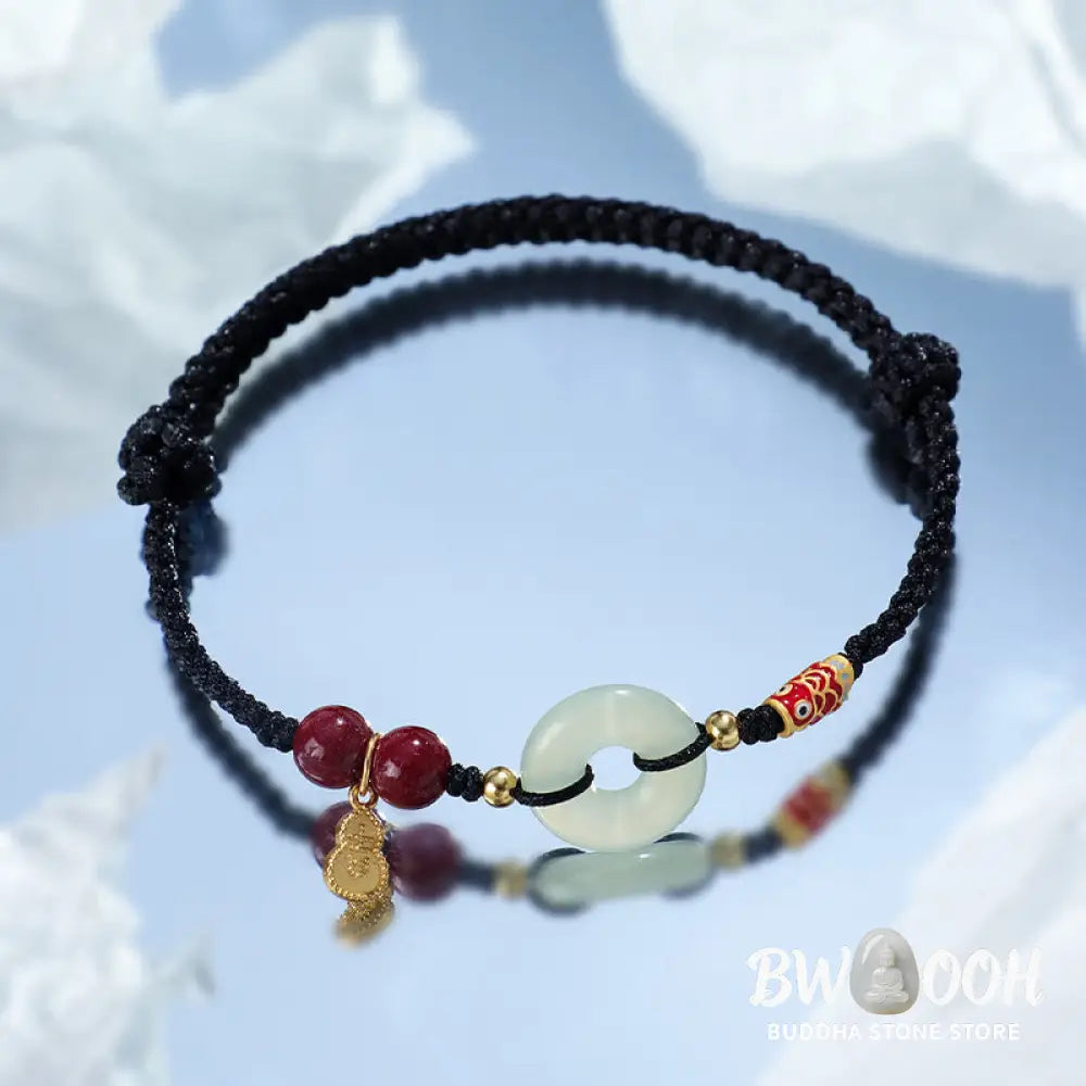 Buddha Stones Red String Black String Hetian Jade Peace Buckle Cinnabar 925 Silver Protection Bracelet - BWOOOH
