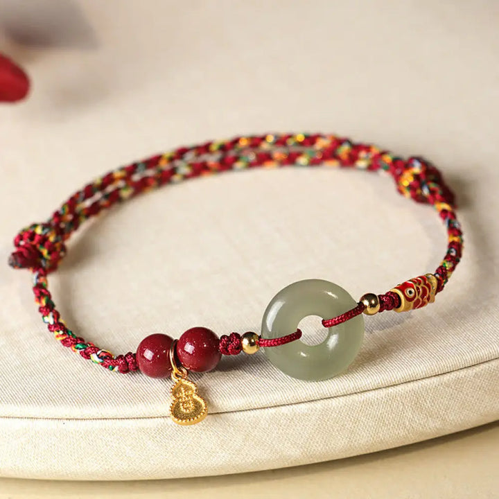 Buddha Stones Red String Black String Hetian Jade Peace Buckle Cinnabar 925 Silver Protection Bracelet - BWOOOH - Dark