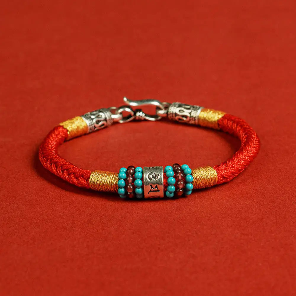 Buddha Stones Red String Black String Six True Words 925 Sterling Silver Connection Bracelet - BWOOOH - Red / 14cm
