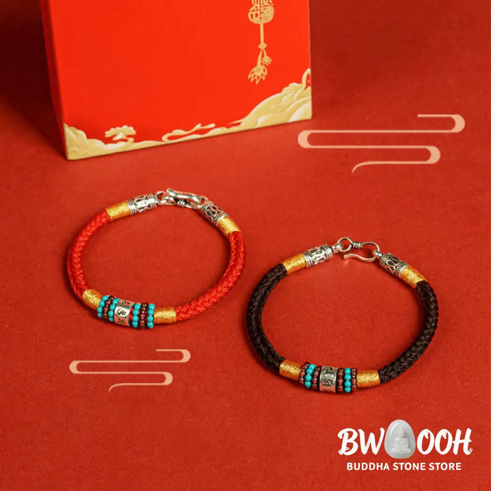 Buddha Stones Red String Black String Six True Words 925 Sterling Silver Connection Bracelet - BWOOOH - Bracelet