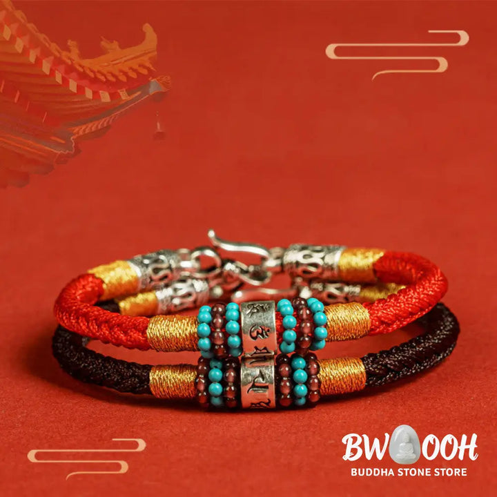 Buddha Stones Red String Black String Six True Words 925 Sterling Silver Connection Bracelet - BWOOOH - Bracelet