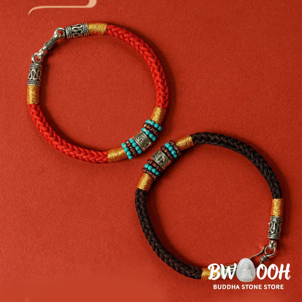 Buddha Stones Red String Black String Six True Words 925 Sterling Silver Connection Bracelet - BWOOOH - Bracelet