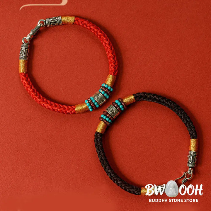 Buddha Stones Red String Black String Six True Words 925 Sterling Silver Connection Bracelet - BWOOOH - Bracelet