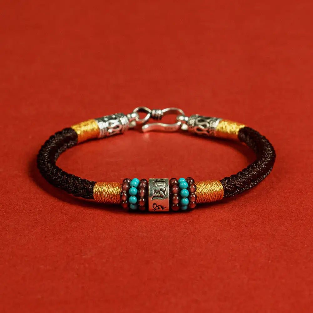 Buddha Stones Red String Black String Six True Words 925 Sterling Silver Connection Bracelet - BWOOOH - Brown / 14cm