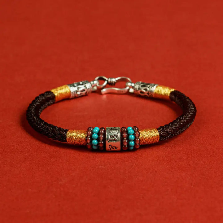 Buddha Stones Red String Black String Six True Words 925 Sterling Silver Connection Bracelet - BWOOOH - Brown / 14cm